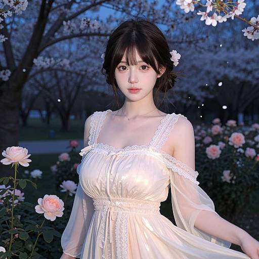 Digital anime-style portrait of a young woman with pale skin, dark hair, and floral headpiece, wearing a white lace dress, surrounded by blooming