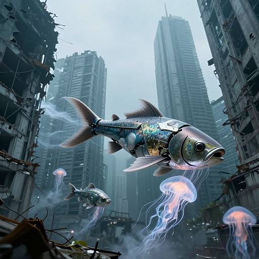 Digital artwork of a glowing, cybernetic fish with mechanical details swimming among jellyfish in a ruined, abandoned skyscraper cityscape.