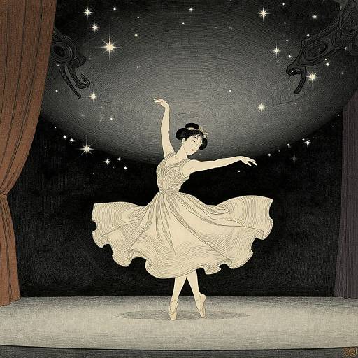Art deco-style drawing of a ballerina in a flowing dress, poised on pointe, arms gracefully extended, against a starry night sky backdrop