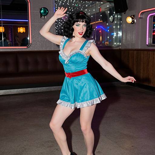Photograph of a fair-skinned woman with black bob haircut, blue satin dress with white trim, red belt, dancing in neon-lit bar.