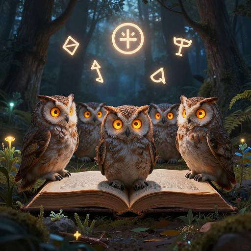 Wise Owls in Mystical Twilight Forest