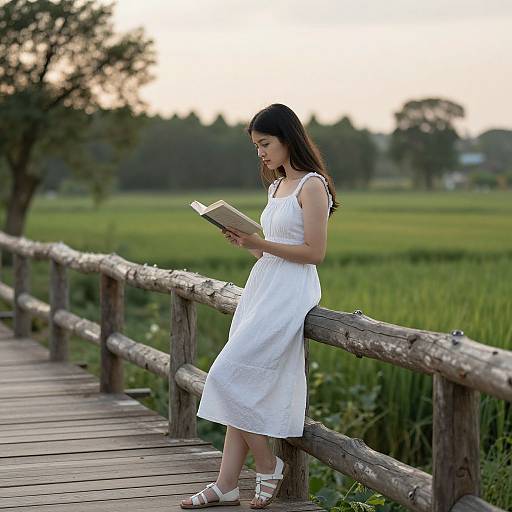 Serene Woman Reading on Rural Bridge