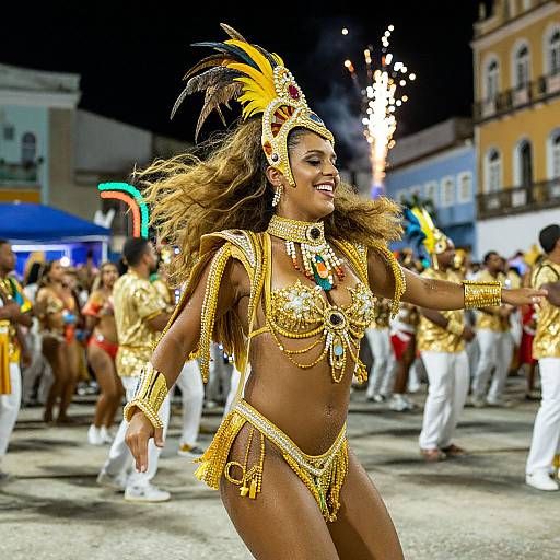 Photograph of a vibrant Afro-Caribbean dancer in gold beaded bikini and headdress, dancing at night parade, surrounded by musicians and spectators.