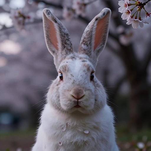 Photograph of a white and gray rabbit with upright ears, standing in front of blurred cherry blossoms, droplets of water on its fur.