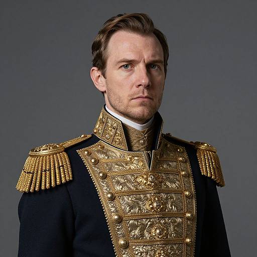 Photograph of a stern-faced man in an elaborate, gold-embellished black military uniform with epaulettes against a gray background.
