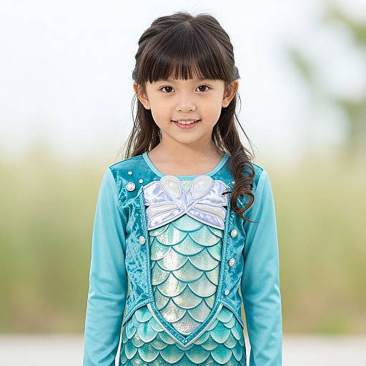 Photograph of a young Asian girl with long black hair, wearing a blue mermaid costume with shimmering scales, smiling against a blurred green outdoor background