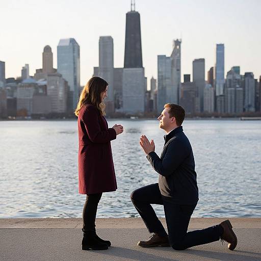 Photograph of a man kneeling on a waterfront, proposing to a woman in a red coat, with a city skyline in the background.