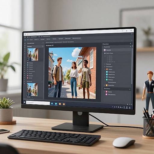 Photograph of a modern desktop computer screen displaying a photo editing software interface with a street photograph of four people.