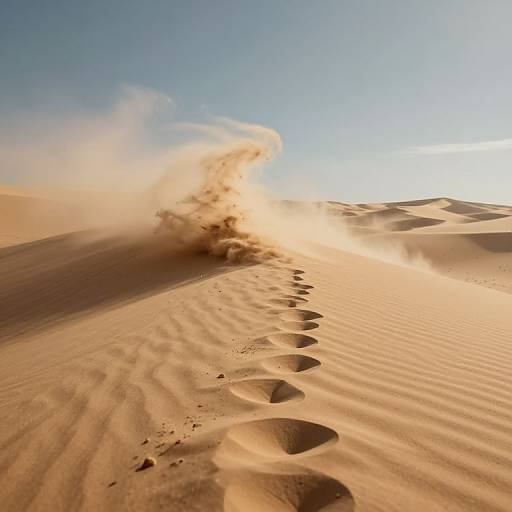 Photograph of a sunlit desert with sand dunes, footprints leading up a dune, and a cloud of disturbed sand blowing in the wind