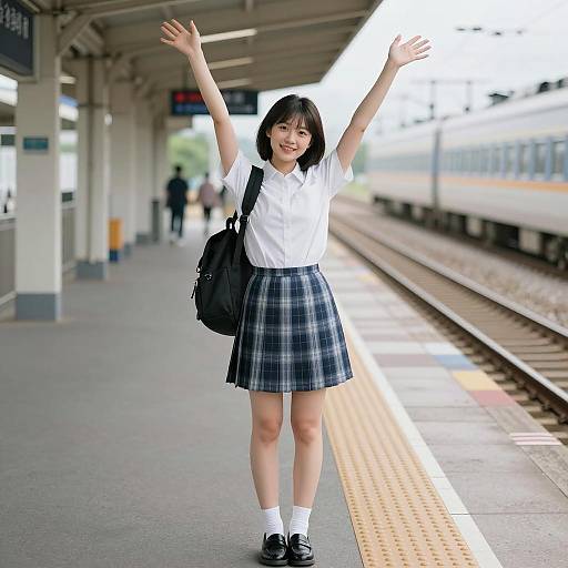 Joyful Young Woman at Train Station