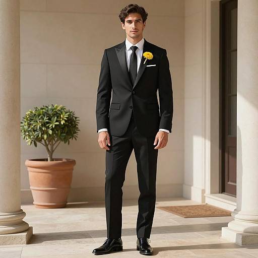Man in Black Suit with Yellow Boutonniere Outdoors