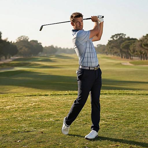 Photograph of a muscular man with short brown hair, wearing a light blue striped shirt, dark pants, and white shoes, mid-swing on a