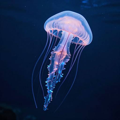 Photograph of a glowing blue and white jellyfish with translucent, flowing tentacles against a dark blue underwater background.