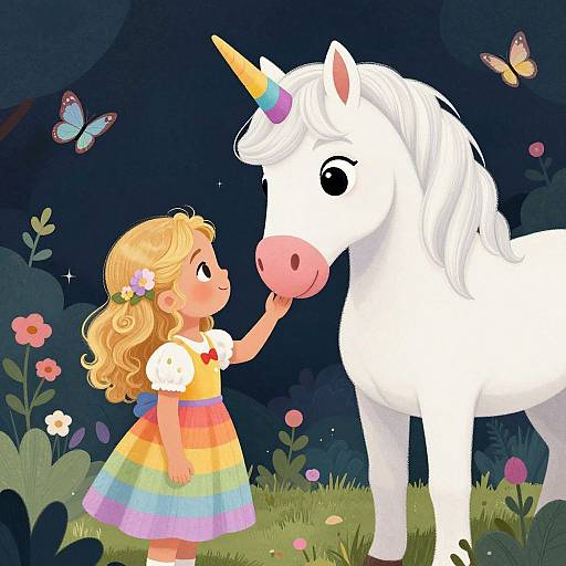 Digital illustration of a blonde girl in a rainbow dress, gently touching a white unicorn's pink nose, surrounded by butterflies and flowers under a starry night