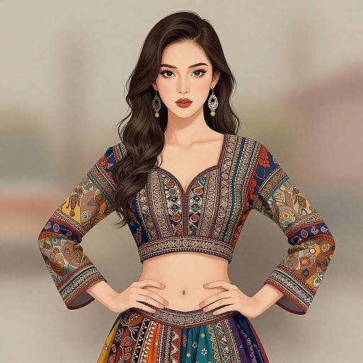 Digital illustration of an Asian woman with long black hair, wearing a colorful, embroidered crop top and skirt, standing with hands on hips, set against a