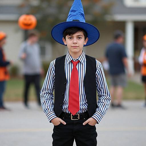 Photograph of a young boy in a blue witch hat, red tie, black vest, and striped shirt, standing confidently outdoors at a Halloween event.