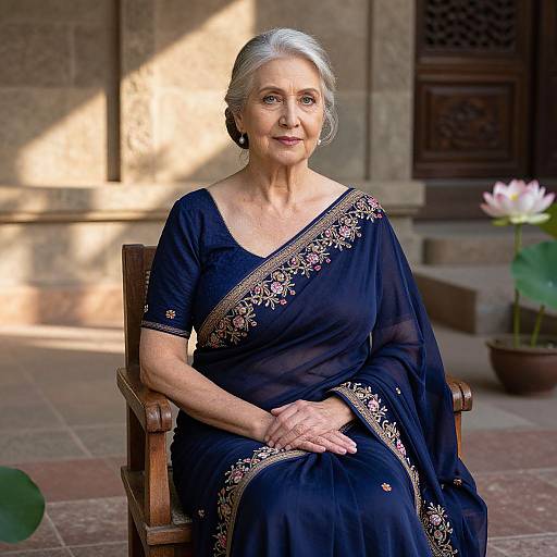 Photograph of an elderly Indian woman with gray hair, wearing a black saree with gold embroidery, sitting on a wooden chair, smiling, in a