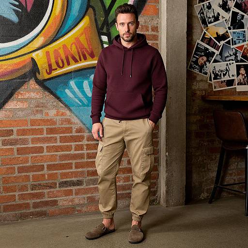 Photograph of a bearded man in a dark maroon hoodie and beige cargo pants, standing against a graffiti-covered brick wall. Urban, casual style