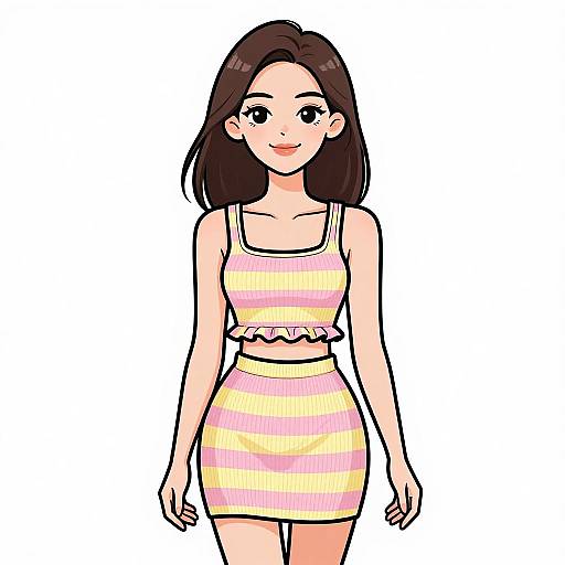 Digital anime-style drawing of a smiling young woman with long brown hair, wearing a pink and yellow striped crop top and skirt, standing against a white background