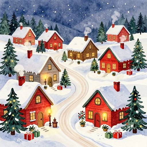 Watercolor illustration of a snowy village with red and brown houses, lit windows, winding path, snow-covered trees, and glowing lanterns.