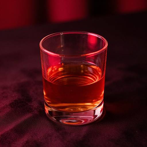 Photograph of a clear glass filled with amber liquid, set against a dark, red-lit background with a textured black surface.