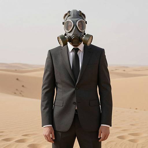 Photograph of a man in a black suit and tie, wearing a gas mask, standing in a desert with sand dunes.