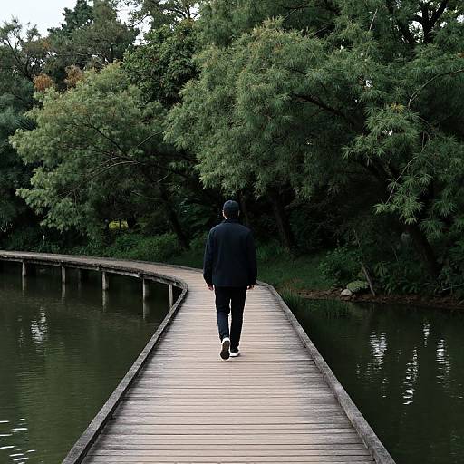 Solitary Figure on Serene Boardwalk