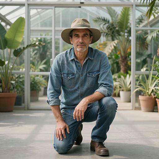 Photograph of a middle-aged man with a beige hat, blue denim shirt, and jeans, kneeling in a sunlit greenhouse with potted plants in