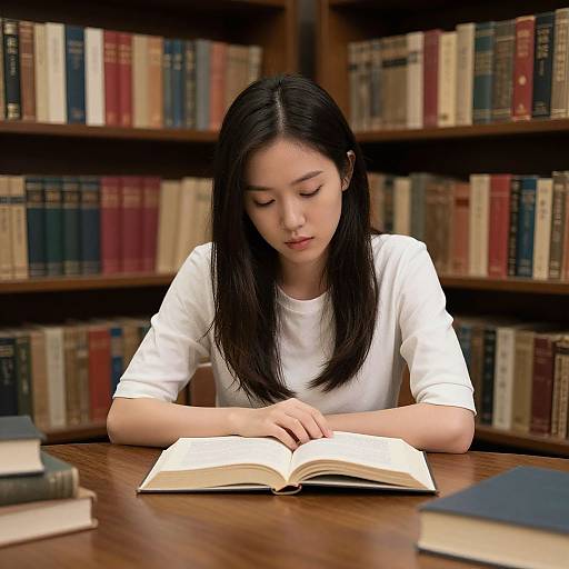 Asian woman with long black hair, wearing a white shirt, sits in a library reading an open book, surrounded by bookshelves. Photographic image