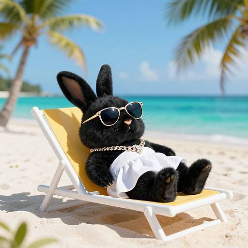 Photograph of a black stuffed bunny with sunglasses, white shirt, and chain necklace, lounging on a yellow beach chair on a sunny tropical beach with