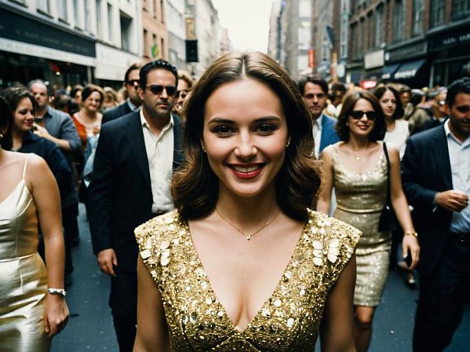 Photograph of a smiling woman with wavy brown hair in a gold sequin dress, standing in a crowded city street at night, surrounded by well
