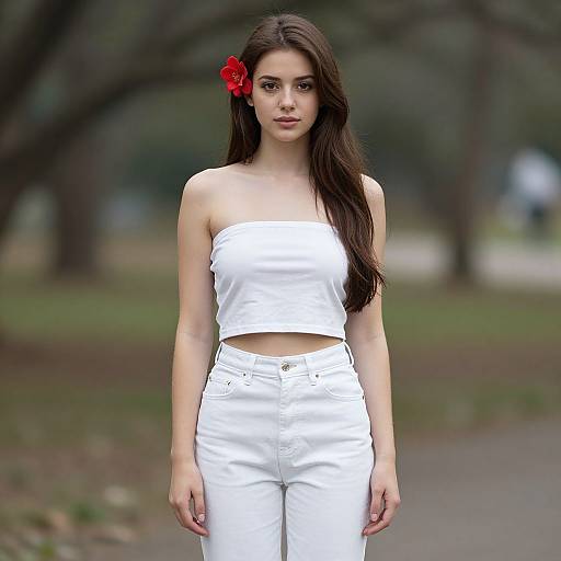 Photograph of a young woman with long brown hair, red flower in hair, wearing a white strapless top and white high-waisted jeans,