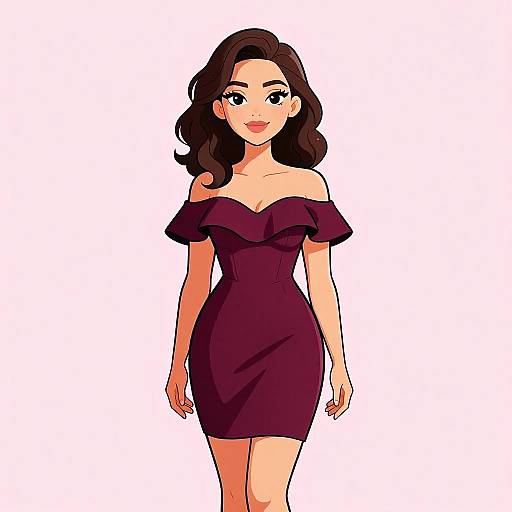 Digital illustration of a smiling woman with wavy brown hair, wearing an off-shoulder, form-fitting, dark purple dress, standing against a