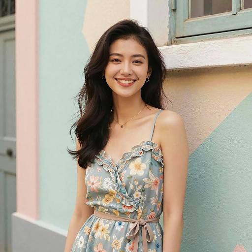 Photograph of a smiling Asian woman with long black hair, wearing a floral sundress, standing against a pastel-colored building.
