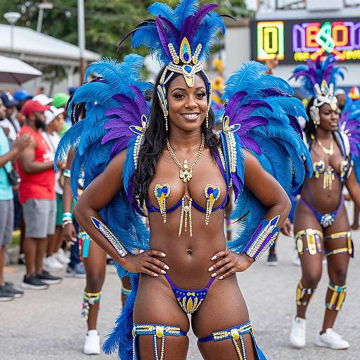 Photograph of a confident, dark-skinned female dancer in a vibrant blue and purple feather headdress, blue bikini, and gold jewelry, standing outdoors