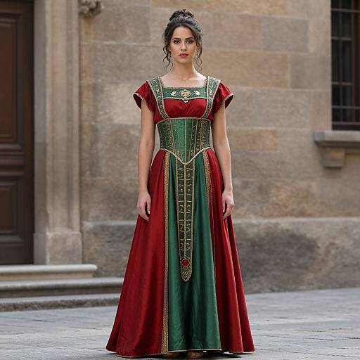Photograph of a young woman with dark hair in an updo, wearing a red and green medieval-style dress with gold embroidery, standing in front of