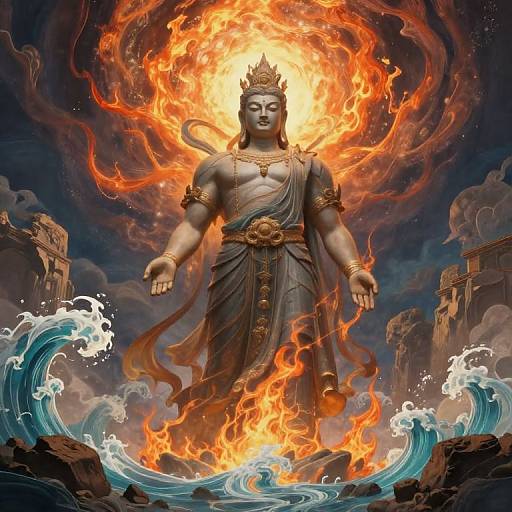 Digital artwork of a fiery, crowned, serene statue of a goddess standing in turbulent waves, surrounded by flames and dark clouds.