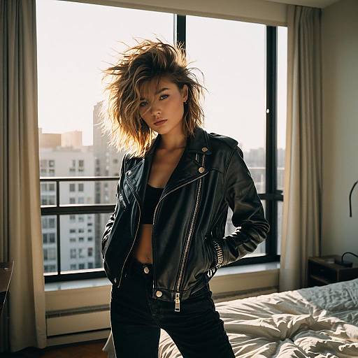 Fashion Model with Bedhead Hairstyle in Leather Jacket