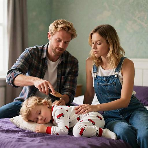 Parents Brushing Sleeping Child's Hair in Bedroom