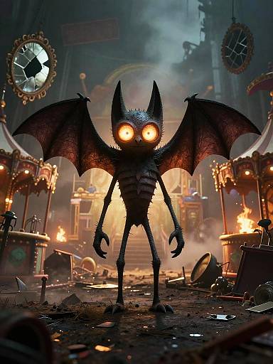 CGI image of a creepy, bat-winged creature with glowing eyes standing in a smoky, fiery, cluttered workshop with broken clock and machinery