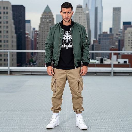 Photograph of a muscular man with short dark hair, wearing a green jacket, black graphic shirt, beige cargo pants, and white sneakers, standing on