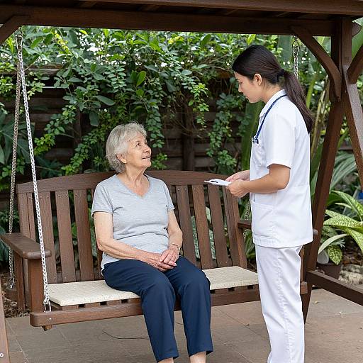 Photograph of an older woman with short gray hair, sitting on a wooden bench, listening to a young Asian woman in a white uniform, standing under