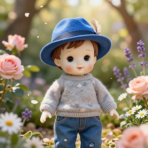 Photograph of a cute doll with fair skin, brown hair, blue hat with feather, gray sweater, and blue jeans, standing in a sunlit