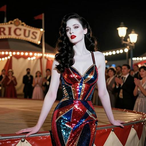 Photograph of a fairground scene: a pale-skinned woman with dark, wavy hair, red lipstick, and a sparkly, multicol