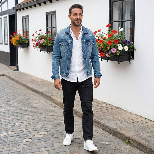 Photograph of a bearded man in a blue denim jacket, white shirt, black pants, and white sneakers, walking on a cobblestone street