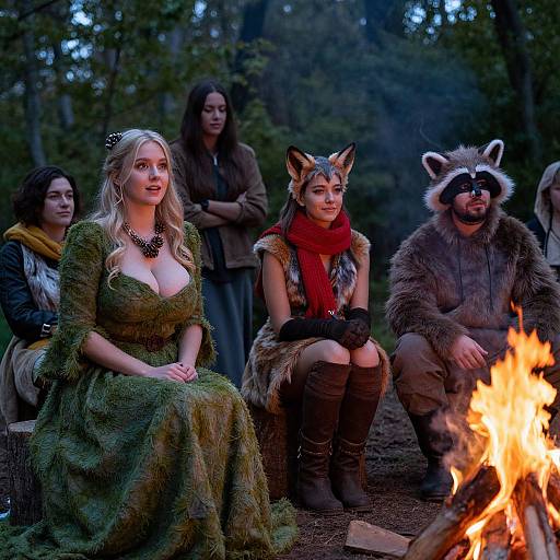 Photograph of medieval-style forest gathering: blonde woman in green dress, raccoon-masked man, fox-eared girl, and others around campfire