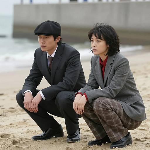 Two People Squatting on Sandy Beach in Formal Attire