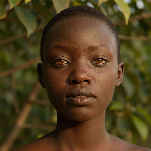 Photograph of a young black woman with short hair, dark brown skin, and amber eyes, standing against a backdrop of green leaves, with warm natural