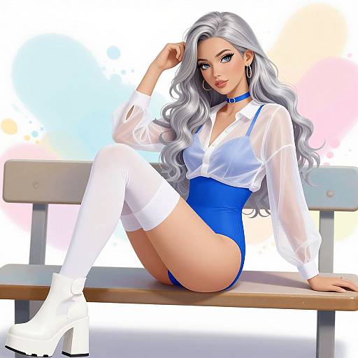 Digital illustration of a silver-haired woman with blue eyes, wearing a sheer white blouse, blue high-cut leotard, white thigh-high stockings, and