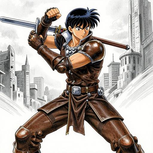 Anime-style digital illustration of a muscular young man with black hair, wearing brown armored clothing, holding a sword, poised in a cityscape background. Dynamic